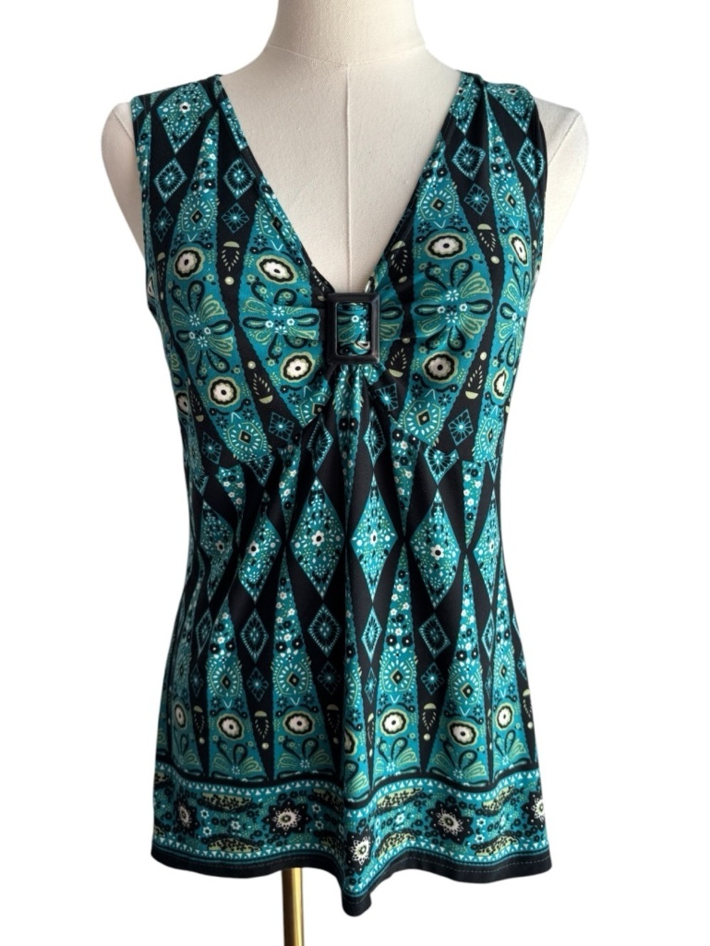 Vintage Y2K Teal Geometric Print Top Sz M Buckle Front V-Neck Sleeveless Shirt